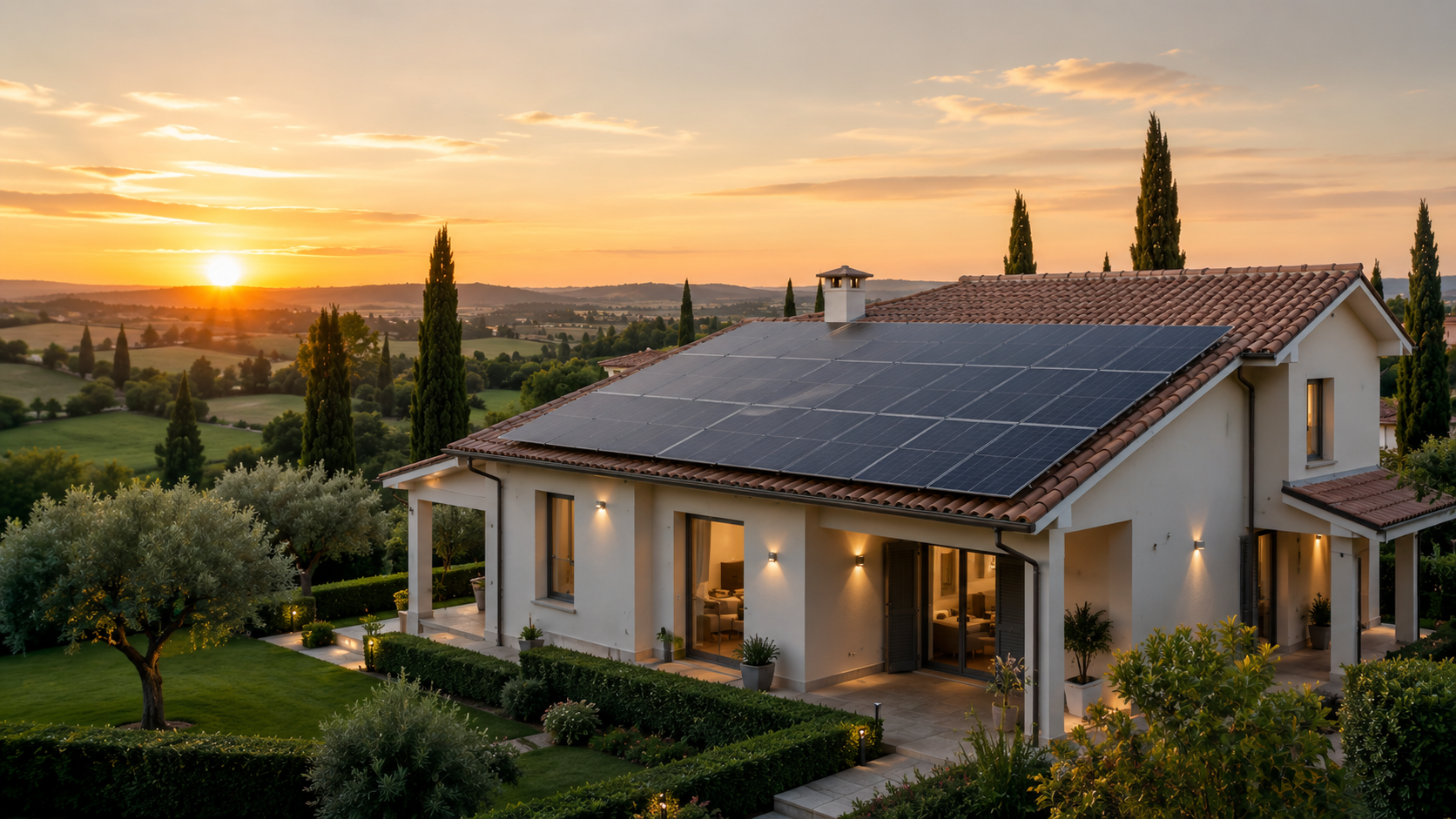 Villa elegante con impianto fotovoltaico al tramonto